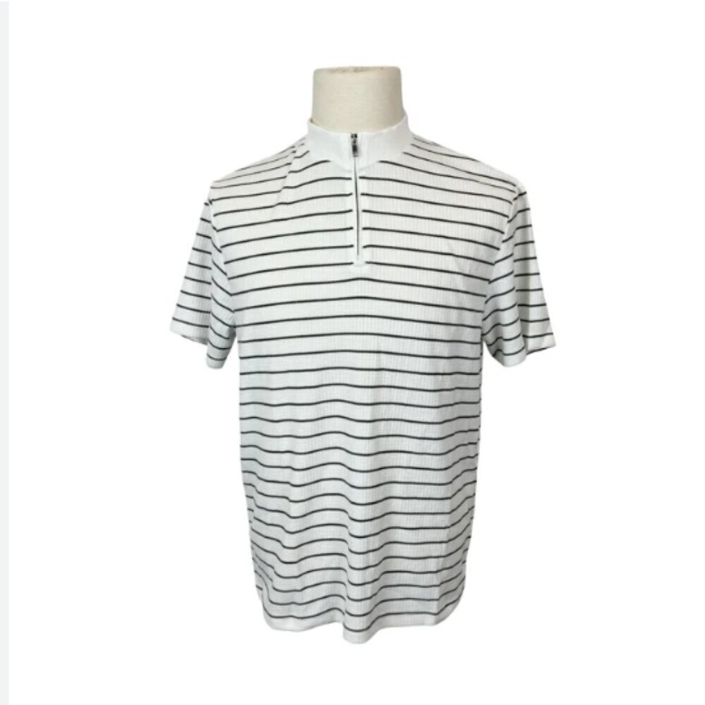 Reiss Half Zip Cotton Blend Textured Striped Short Sleeve Shirt Size Large